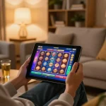 Engaging home gaming experience on OKFUN with tablet showing casino game interface.