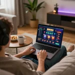 Player enjoying MM88 online casino game on laptop in a cozy living room setting.