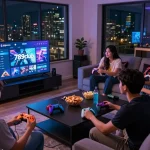 A lively gaming session featuring 789club, friends enjoying gameplay with colorful controllers, immersive atmosphere.