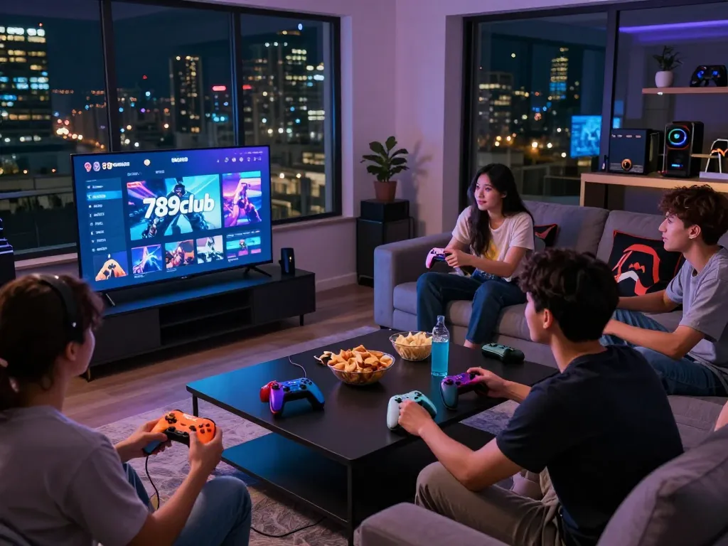 A lively gaming session featuring 789club, friends enjoying gameplay with colorful controllers, immersive atmosphere.