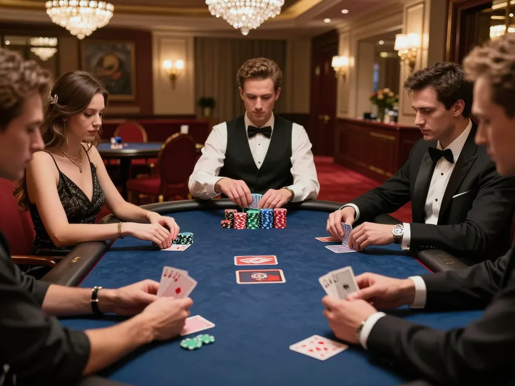 Players strategizing in an upscale casino poker game at MM88, showcasing high-stakes action.
