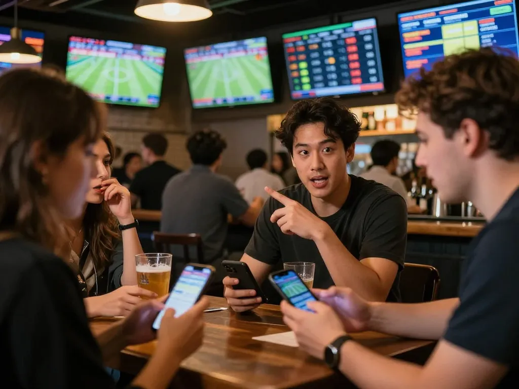 Excited patrons placing sports bets on the OKFUN app at a lively bar