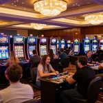 Players engaging at Ee88 casino, vibrant slot machines and exciting atmosphere.