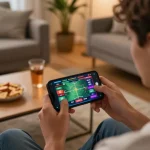 TG88 user engaged in dynamic online sports betting with smartphone displaying live game stats.