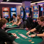 Excited players engaging with CWIN's vibrant online casino gaming experience, featuring colorful slot machines and poker elements.