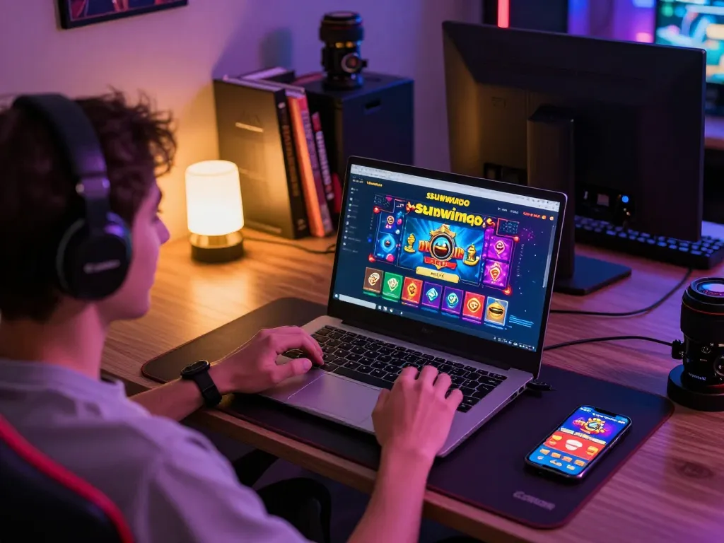 Engaged player using sunwingo casino app, showcasing vibrant online gaming atmosphere.