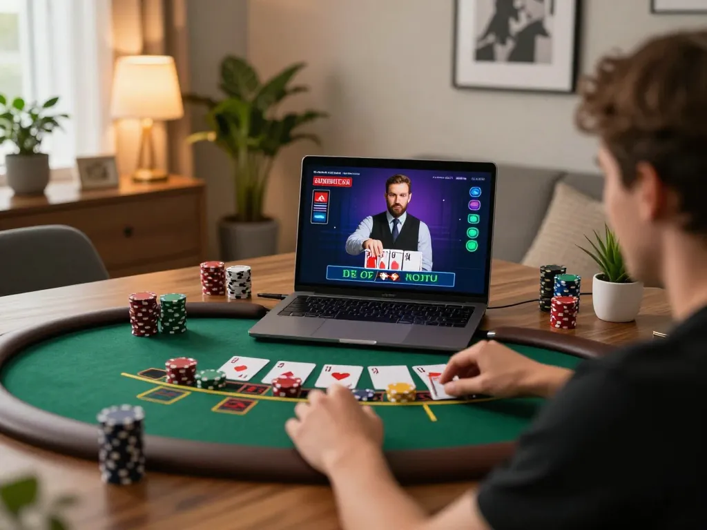 Engaging gameplay at casino mb66 with live blackjack on laptop, warm home setting.