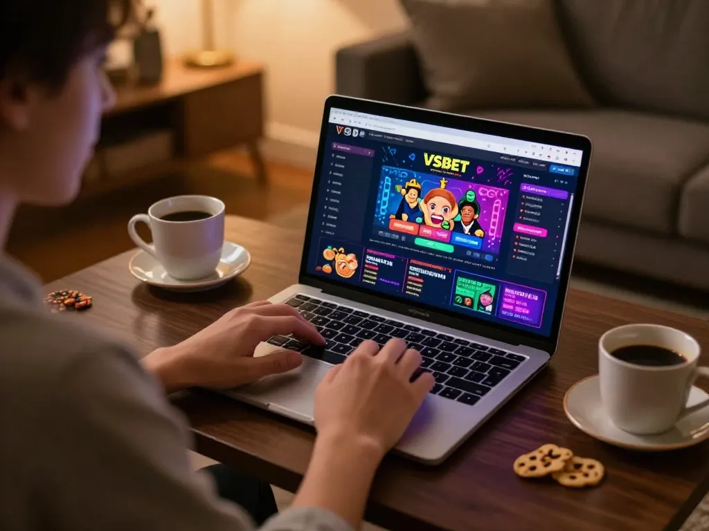 Player engaging with Vsbet casino interface on laptop, enjoying a cozy home gaming experience