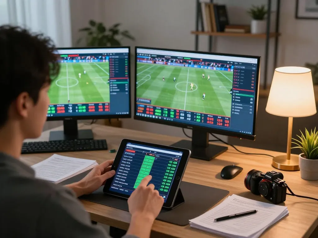 Engaging online sportsbook scene analyzing kèo nhà cái and live match odds on multiple screens.