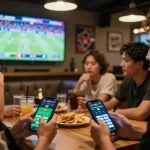 Friends strategizing bets on kèo nhà cái 88 in a lively sports betting environment