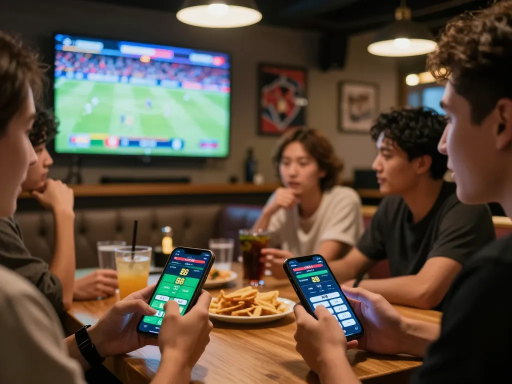 Friends strategizing bets on kèo nhà cái 88 in a lively sports betting environment