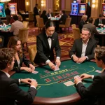 GA88 players strategizing at an upscale blackjack table in a luxurious casino environment.
