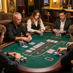 F168 blackjack players intensely strategizing bets at a vibrant casino table, capturing dynamic gaming atmosphere.