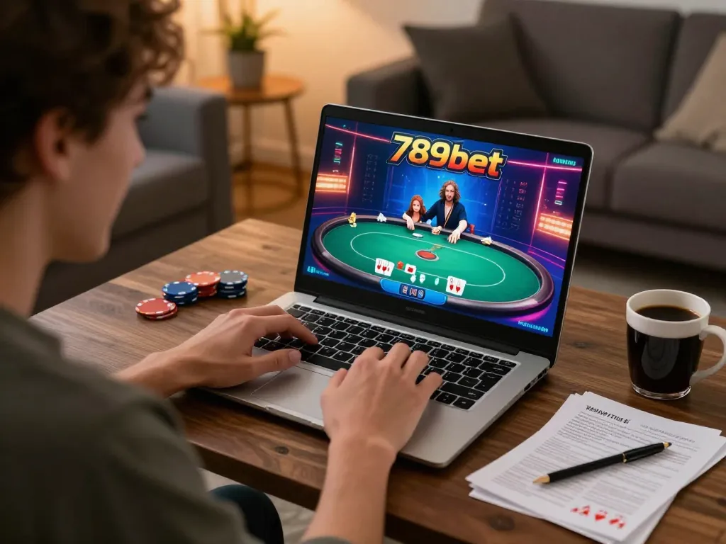 Engaging online gameplay at 789bet with a laptop and strategic notes in a cozy setting
