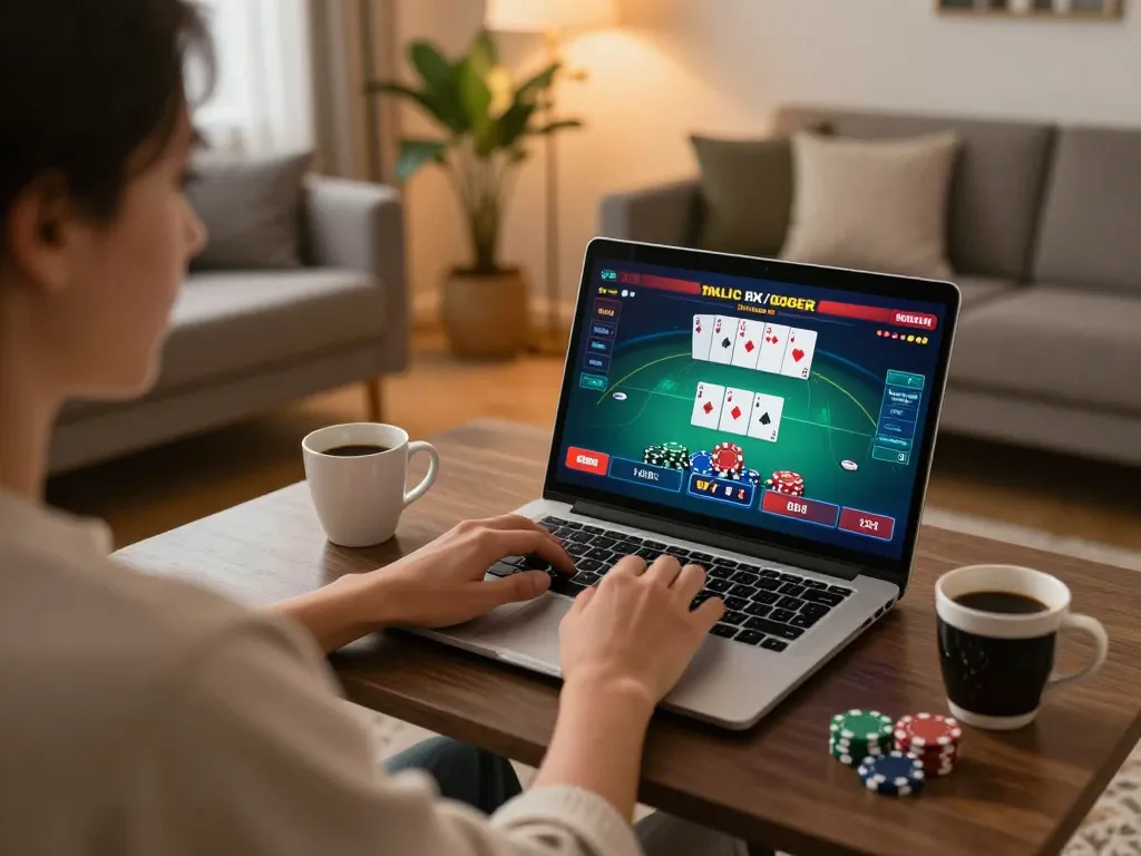 Person engaged in online casino gaming on laptop displaying 888b poker interface, cozy home environment.