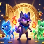 SS777 gaming platform showcases a vibrant illustration of a shadow wolf leader amidst treasure and slot reels.