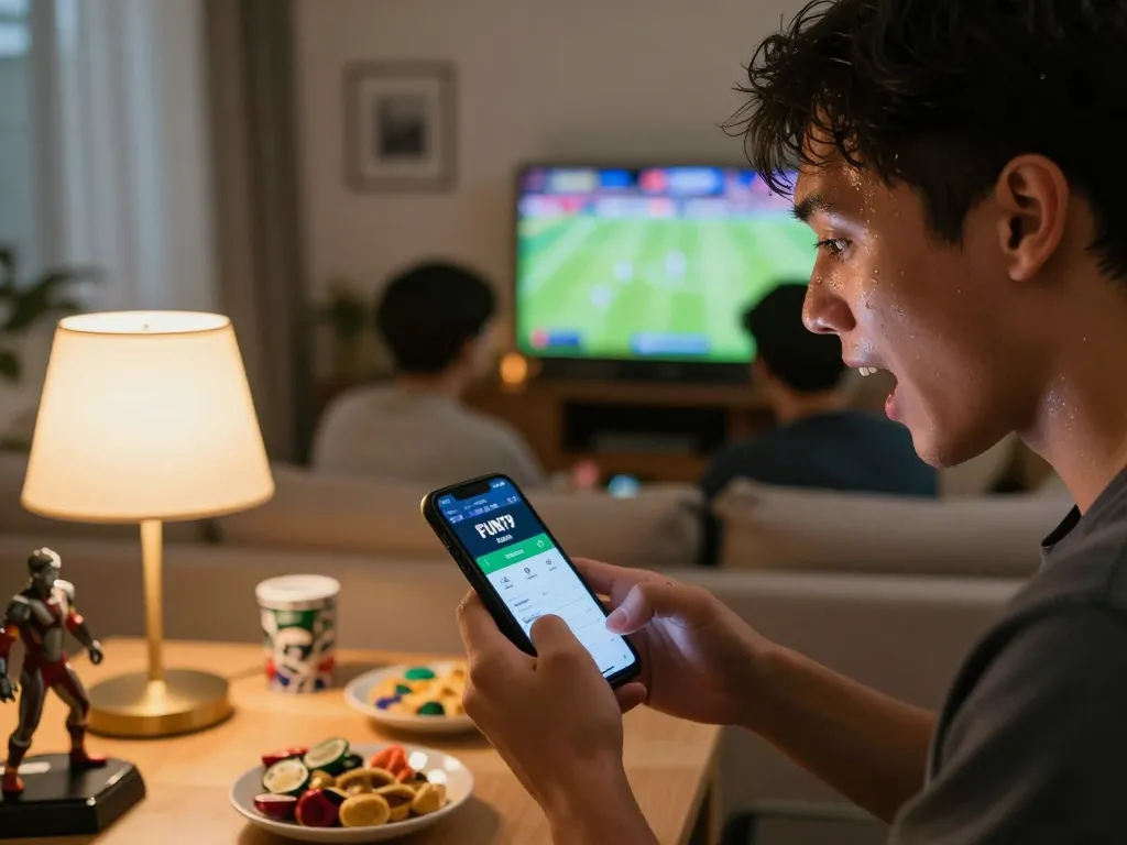 Excited user placing bets using the FUN79 bet app in a cozy home setting during a game.