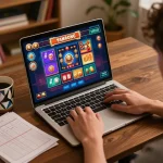 Engaging in online casino games on trang chủ alo8, showcasing a cozy home gaming setup.