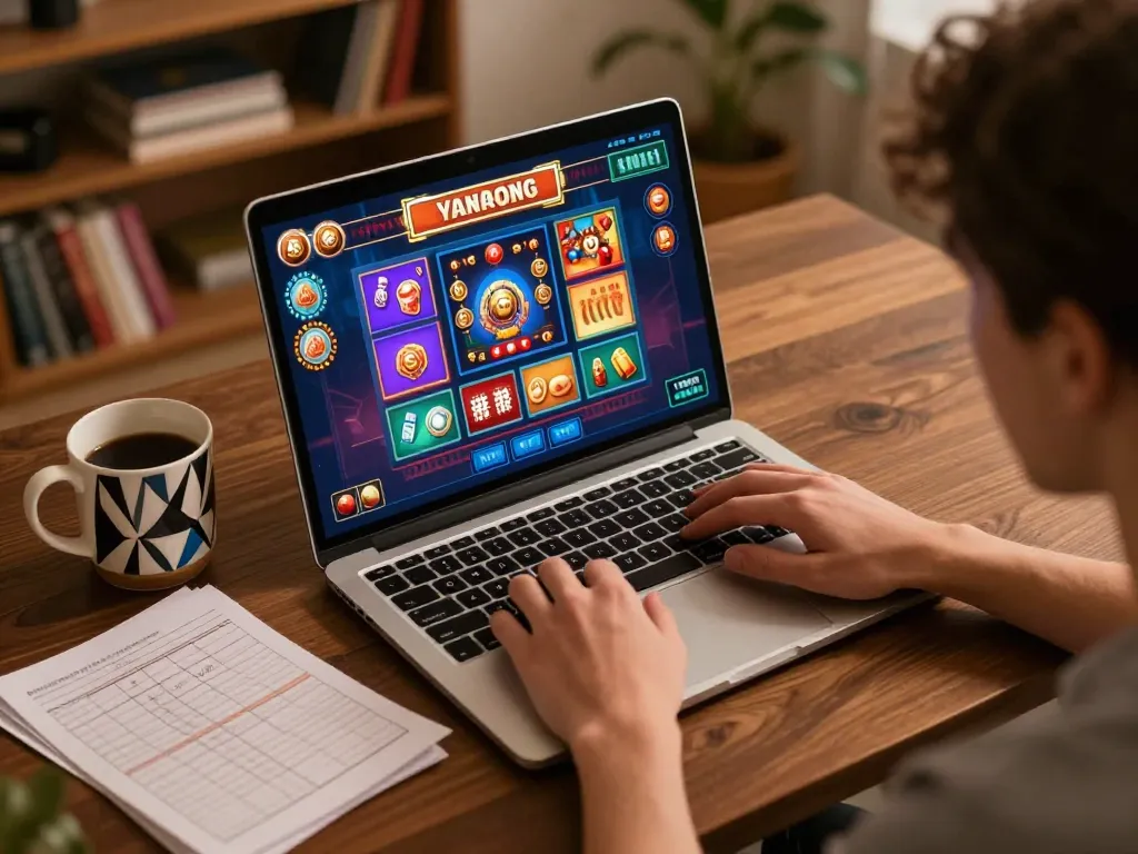 Engaging in online casino games on trang chủ alo8, showcasing a cozy home gaming setup.