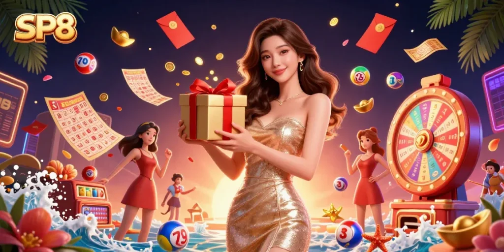 Experience SP8 with captivating casino action as vibrant lottery balls and golden coins surround a dazzling figure.