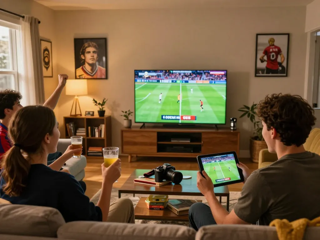 Socolive streaming football game on tablet, illuminating a lively home sports gathering with friends.