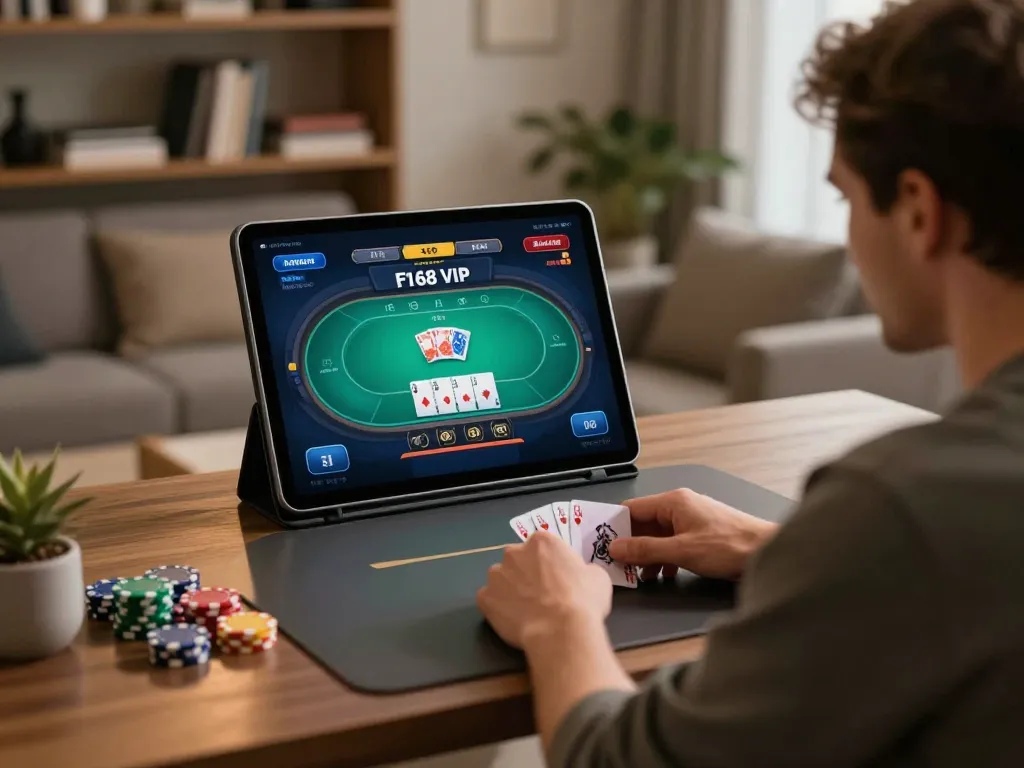 Engaged player enjoying F168 VIP poker game on tablet in cozy home setting