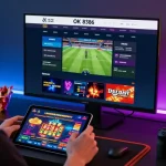 Engaging online gambling scene showcasing the OK 8386 betting interface, featuring interactive tablet gaming and thrilling visuals.