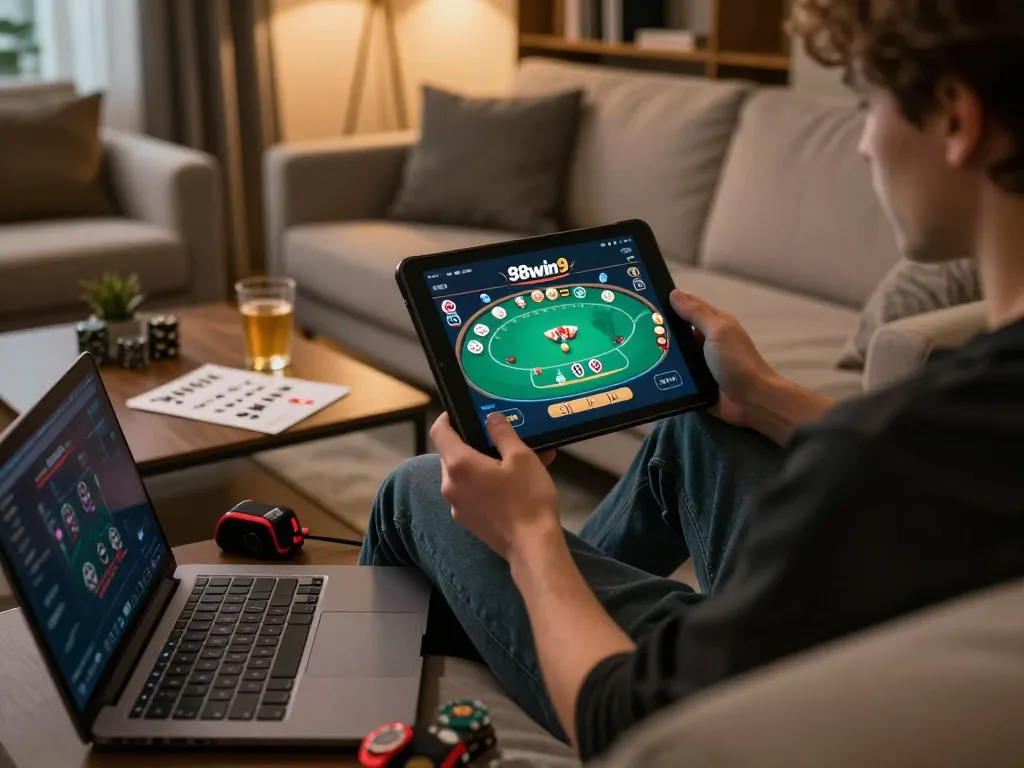 Player using 98win9 for online poker on tablet in cozy living room setting.