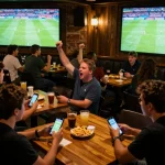 Socolive trực tiếp bóng đá through mobile betting devices in vibrant sports bar atmosphere