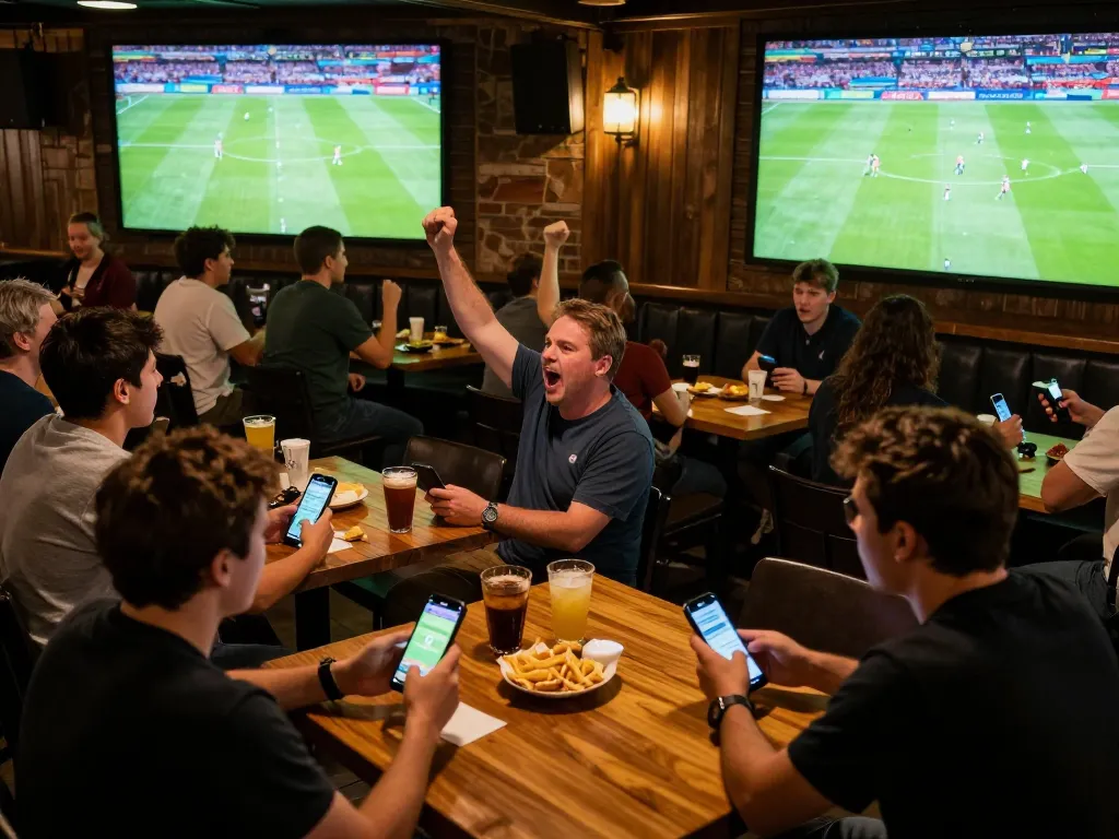 Socolive trực tiếp bóng đá through mobile betting devices in vibrant sports bar atmosphere