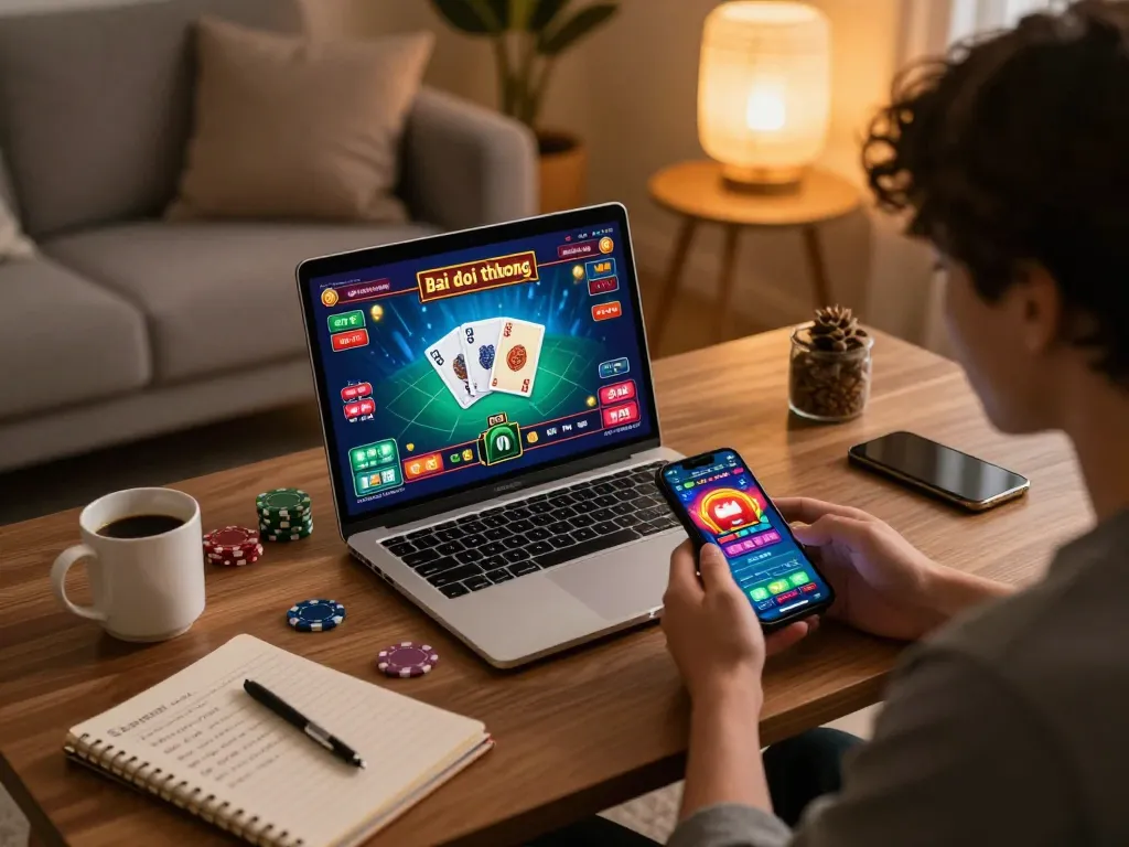 Engaged player exploring game bai doi thuong on stylish laptop in cozy home setting