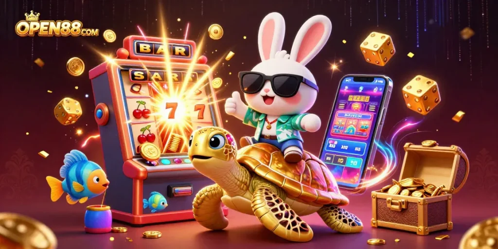Engage with the excitement of OPEN88COM showcasing dynamic slot machines and a lively gaming atmosphere.