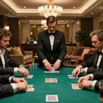 Players at a high-stakes game in KJC's luxury poker room strategizing for winning