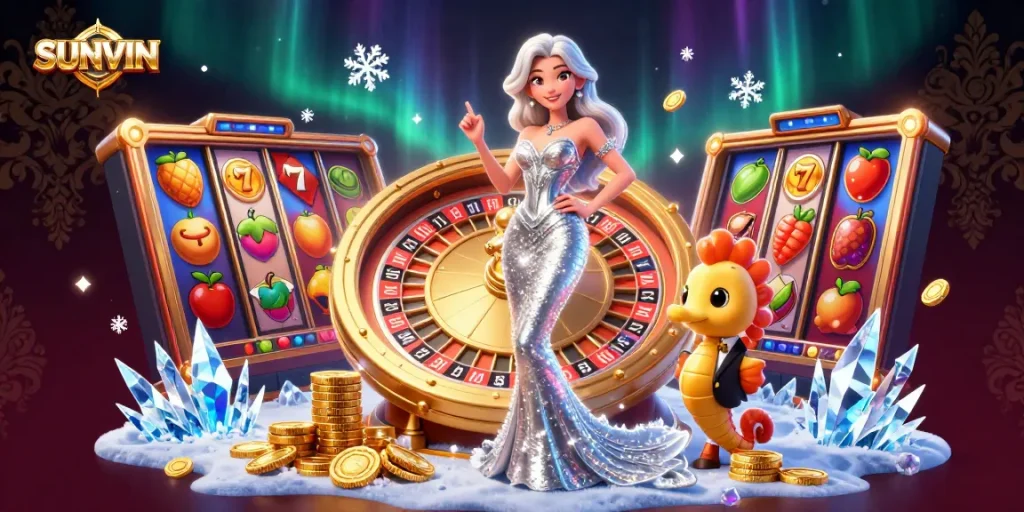 Engage in thrilling slot action with SUNVIN at a glittering casino featuring a golden roulette wheel.