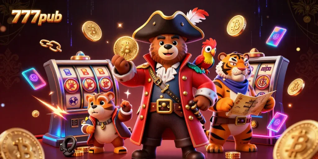 Experience thrilling spins at 777pub with vibrant slot reels and pirate treasure scenes.