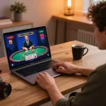 Engaging in live dealer blackjack on fly88, showcasing a dynamic gameplay experience at home.