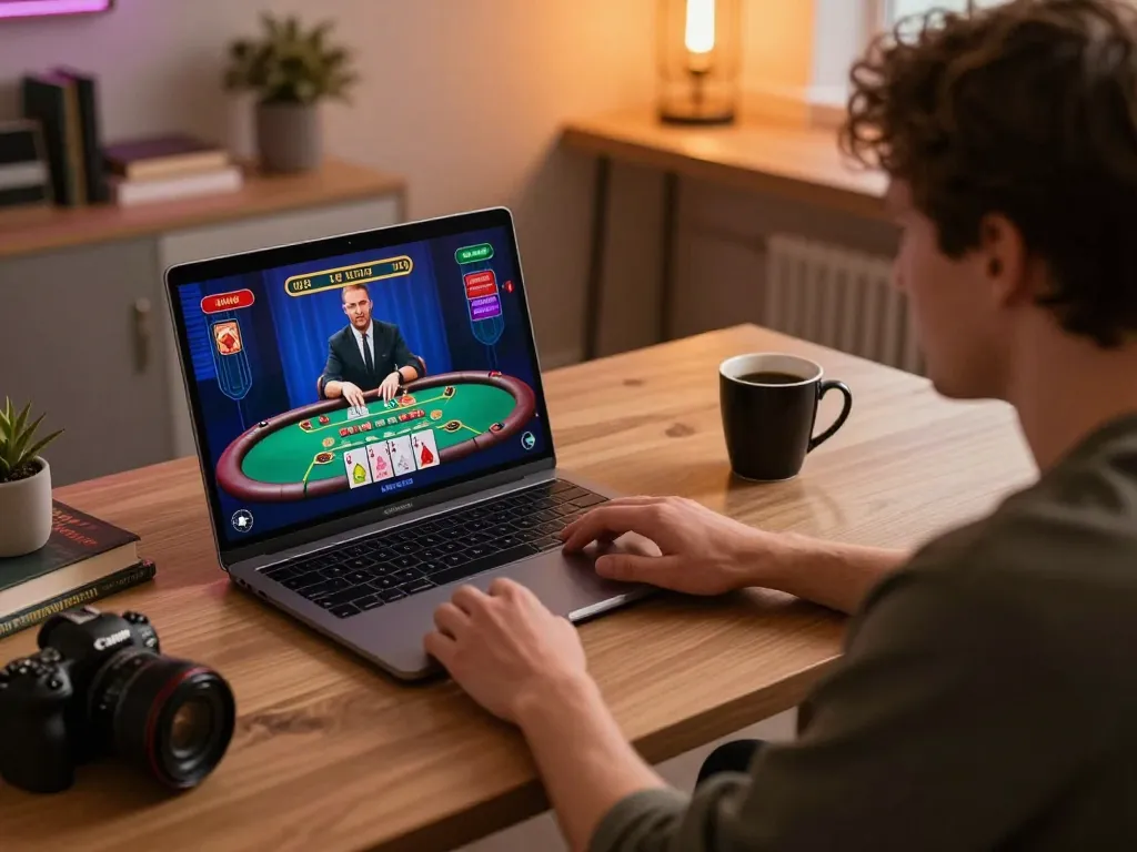 Engaging in live dealer blackjack on fly88, showcasing a dynamic gameplay experience at home.