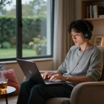 Engaging in free AI sex chat on a laptop in a cozy home office.
