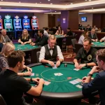 Players engaging in a strategic poker game at cm88sm casino, showcasing high-stakes excitement and modern decor.
