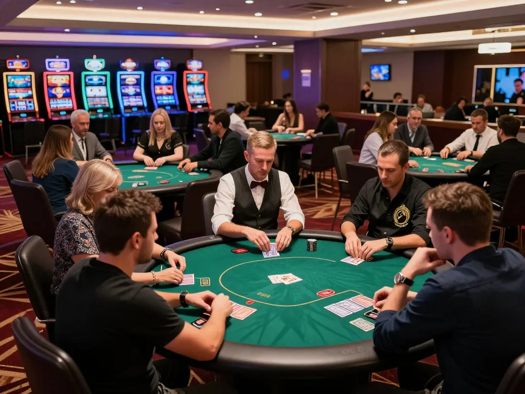 Players engaging in a strategic poker game at cm88sm casino, showcasing high-stakes excitement and modern decor.