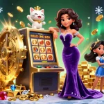 Experience the excitement of 39bet with a glamorous character celebrating a jackpot win, surrounded by coins and treasures.