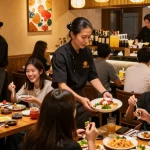 Experience vibrant dining atmosphere at RED88 with delicious Asian fusion dishes and lively guests.