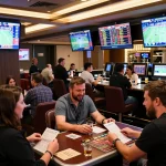 Engaged sports bettors analyzing odds and placing bets, focusing on tỉ lệ kèo for informed decisions