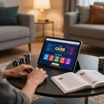 Player engaged with GK88 casino app while analyzing poker strategies at home.