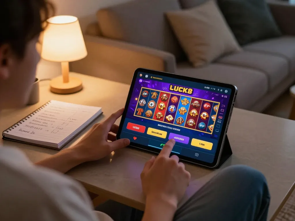 Player engaging with the LUCK8 casino app, showcasing vibrant slot games and live dealer options.