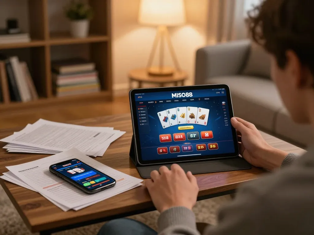 MISO88 player strategizing online bets with tablet and notes in a cozy home setting
