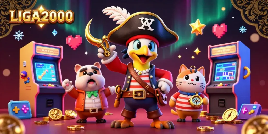 LIGA2000 meningkatkan permainan slot online dengan ilustrasi bertema bajak laut yang cerah, menampilkan elemen permainan yang dinamis.