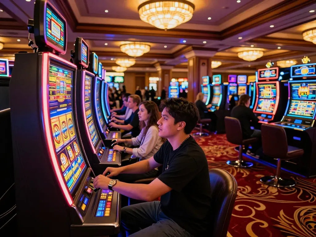 Players enjoying thrilling go8 casino games with vibrant slot machines and enticing lights.