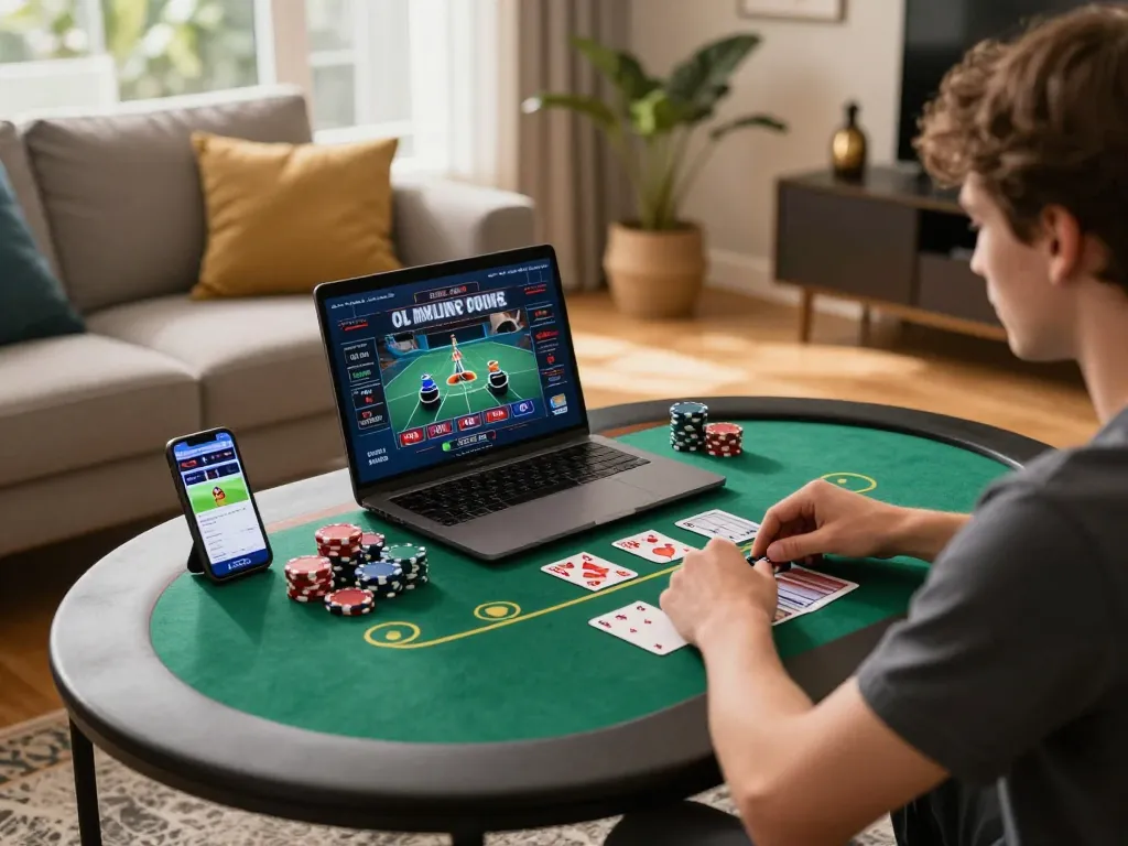 Engaging online gaming setup with go88vv poker on laptop and sports betting app highlights