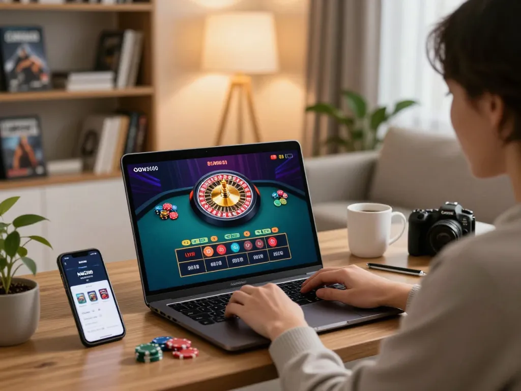 Player engaging in live dealer games on hwg500 in a cozy home setting, showcasing an online casino experience.